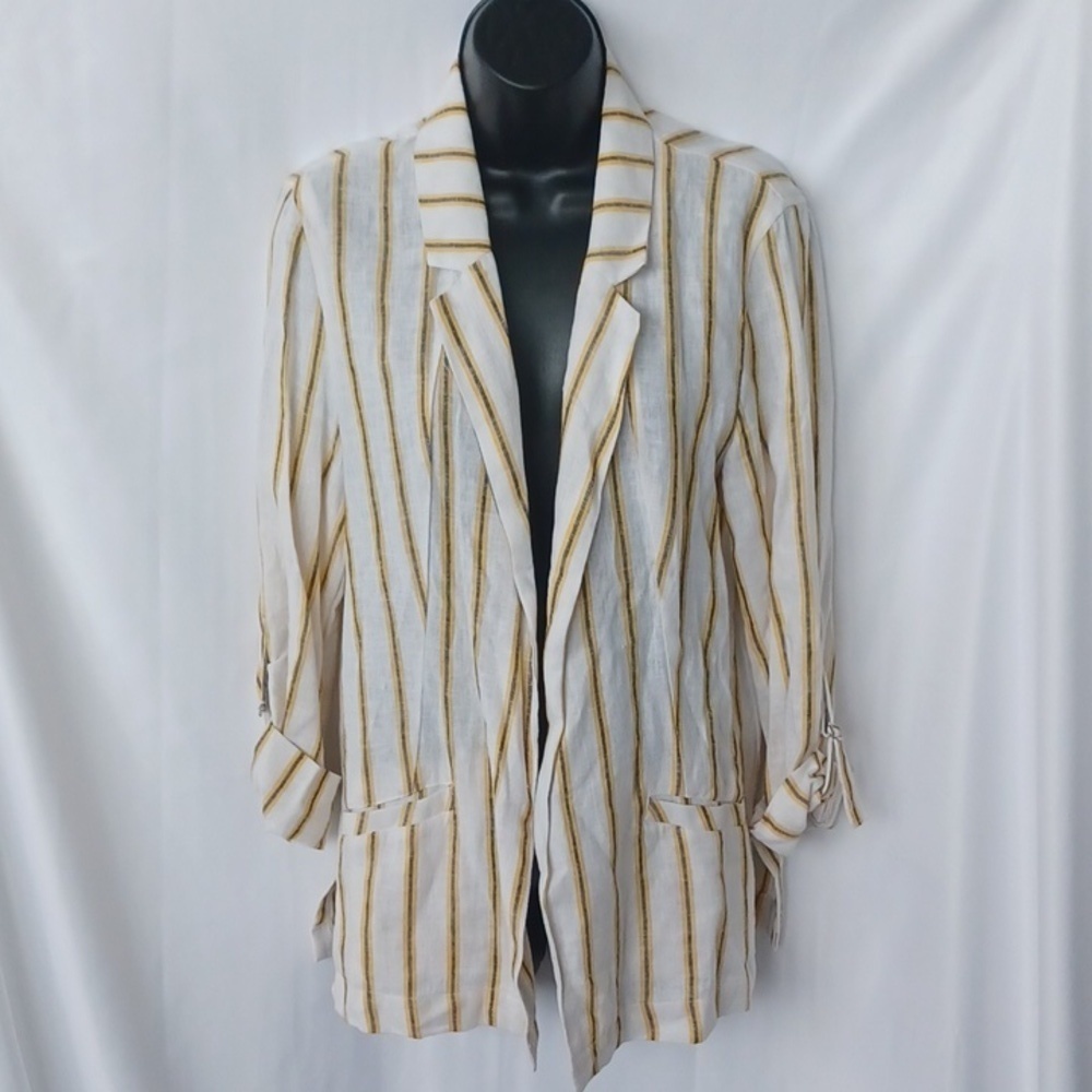 LOVE TREE Yellow & Black Striped Linen Blazer Jacket Open Front